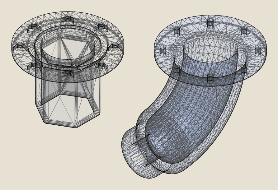 Wireframe mesh render of fluid overflow chute and tubing assembly